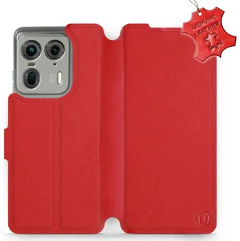Pouzdro na mobilní telefon Kožené flip pouzdro Mobiwear - Motorola Edge 50 Ultra - Červené (Kožené knížkové pouzdro, obal, kryt na mobil Motorola Edge 50 Ultra, Červené, materiál Genuine Leather, ochrana 360°, stojánek, silikonová vanička, magnetické zavírání)