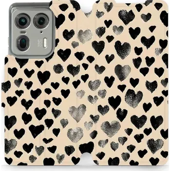 Pouzdro na mobilní telefon Flipové pouzdro Mobiwear - Motorola Edge 50 Ultra - VA51S Černá srdíčka (Knížkové flip pouzdro, obal, kryt na mobil Motorola Edge 50 Ultra - VA51S Černá srdíčka, materiál Umělá kůže + TPU - ochrana 360°, stojánek, silikonová vanička, magnetické zavírání)