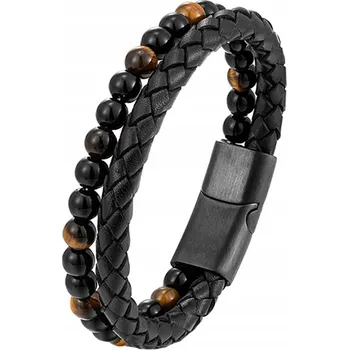 Náramek AKRON černý pánský kožený náramek s korálky s tygřím okem délka 23cm