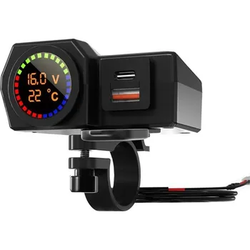 Nabíječka pro GPS Nabíječka na motocykl / motorku - USB-A + USB-C - vypínač + LCD - na řidítka - černá