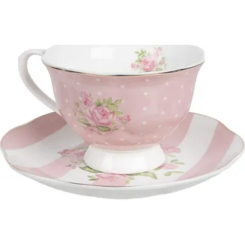 Stolování Bílo-růžový šálek a podšálkem s růžičkami Sweet Roses - 12*9*6 cm / Ø 14*2 cm / 200 ml