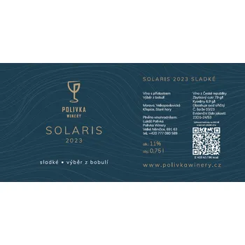 Solaris 2023, výběr z bobulí, Polivka Winery, sladké