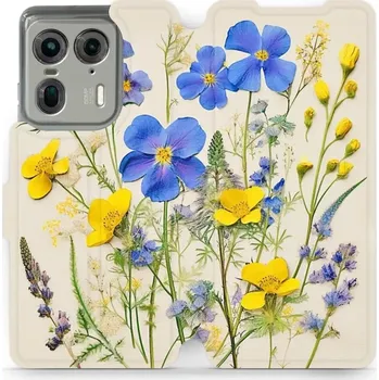 Pouzdro na mobilní telefon Flipové pouzdro Mobiwear - Motorola Edge 50 Ultra - VP41S Modré a žluté kvítky (Knížkové flip pouzdro, obal, kryt na mobil Motorola Edge 50 Ultra - VP41S Modré a žluté kvítky, materiál Umělá kůže + TPU - ochrana 360°, stojánek, silikonová vanička,)