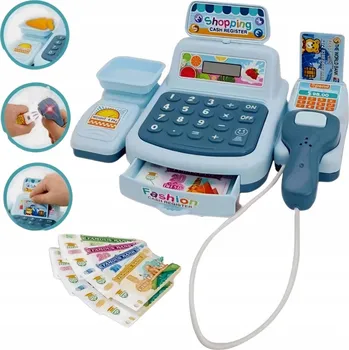 Hra na obchod DĚTSKÁ POKLADNA S SKENEREM, TERMINÁLEM, BANKOVKAMI, ZVUKEM A SVĚTLEM