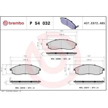 Brzdová destička Sada brzdových destiček, kotoučová brzda BREMBO P 54 032