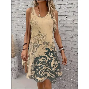 Dámské šaty Hnědé letní šaty s černým potiskem Barva: Hnědá, Velikostní tabulka: S