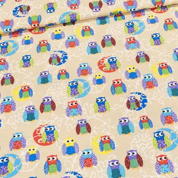 Bavlněné plátno dětské SOVY na béžové, š.140cm (látka v metráži)