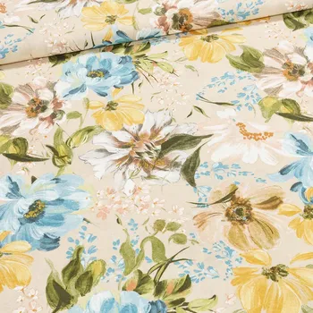 Směsové plátno LONETA, modré, žluté a béžové květy na béžové, š.140cm (látka v metráži)