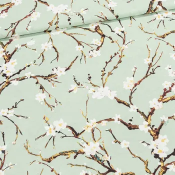 Směsové plátno 603030 CHERRY BLUE, bílé třešňové květy na mentolové, š.140cm (látka v metráži)