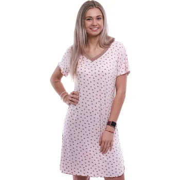 Dámská noční košile Růžová luxusní hedvábně jemná noční košilka s krátkými rukávy a hnědý vzor srdíček 1D1544 růžová xl