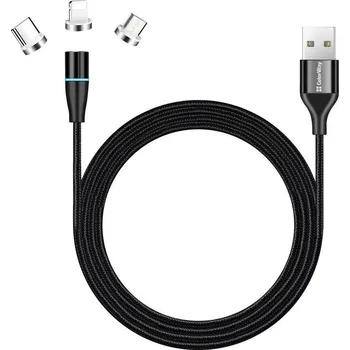 Datový kabel Colorway USB na Lightning, micro USB a USB-C 1m Kabel, datový, nabíjecí, USB 2.0 (M) na Lightning (M), micro USB (M), USB typ C (M), 2,4A, nylon, Quick Charge 3.0, 1m, černý CW-CBUU038-BK