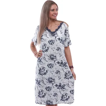 Dámská noční košile Bílá luxusní hedvábně jemná noční košilka s krajkou a modré květy 1D1541 bílá 4xl