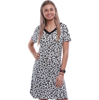 Dámská noční košile Luxusní hedvábně jemná noční košilka s krátkými rukávy vzor JAGUÁR 1D1520 hnědá 4xl