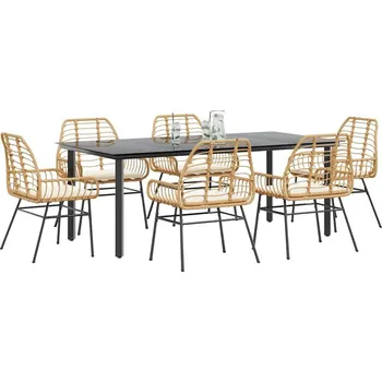 Zahradní sestava vidaXL 7dílný zahradní jídelní set polyratan sklo [3334560] Barva: Hnědá a krémově bílá