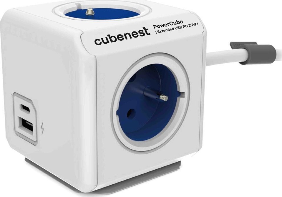 Cubenest PowerCube Extended USB PD 20W 1,5m bílo-modrá Zásuvka, napájecí, vnitřní, 4× zásuvka, 10A, 2500W, 1× USB, 1× USB-C, PD 3.0, dětská pojistka, 1,5m kabel, bílo-modrá PC420BL