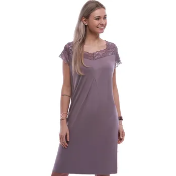 Dámská noční košile Luxusní hedvábně jemná i krajková noční košilka s krátkými rukávy ELIŠKA 1D1551 fialová 4xl