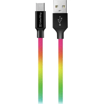 Datový kabel ColorWay USB 2.0 typ A na USB typ C 1m Kabel, synchronizační a nabíjecí, USB 2.0 typ A na USB typ C, 1m, 2,4A, vícebarevný CW-CBUC018-MC