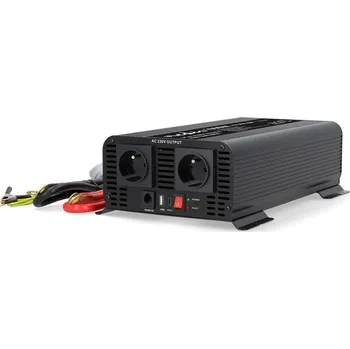 Notebook Nedis PIP100012EBK Měnič napětí, 12VDC, 230VAC, 1000W, 2× zásuvka typ E, USB-A, USB-C, čistý sinus, hliníkové tělo, černý PIP100012EBK