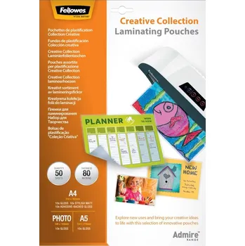 Laminovací fólie Fellowes laminovací fólie Creative Collection Laminovací fólie, A4, A5, 10×15cm, kreativní set, 80µm, 50ks, lesklé lampofelacr080