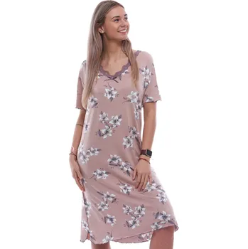 Dámská noční košile Hnědá a šedě květovaná luxusní hedvábně jemná noční košilka lemovaná krajkou 1D1550 hnědá 2xl