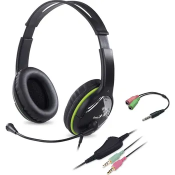 Sluchátka Genius HS-400A + redukce na Single Jack Headset, herní, drátový, náhlavní, mikrofon, ovládání hlasitosti, 2× 3,5mm jack, redukce na 1× 3,5mm, černo-zelený 31710031400