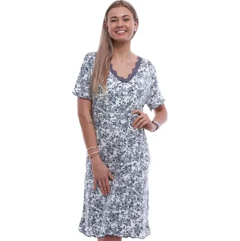 Dámská noční košile Šedá luxusní hedvábně jemná noční košilka s krátkými rukávy květinový vzor 1D1568 šedá 4xl