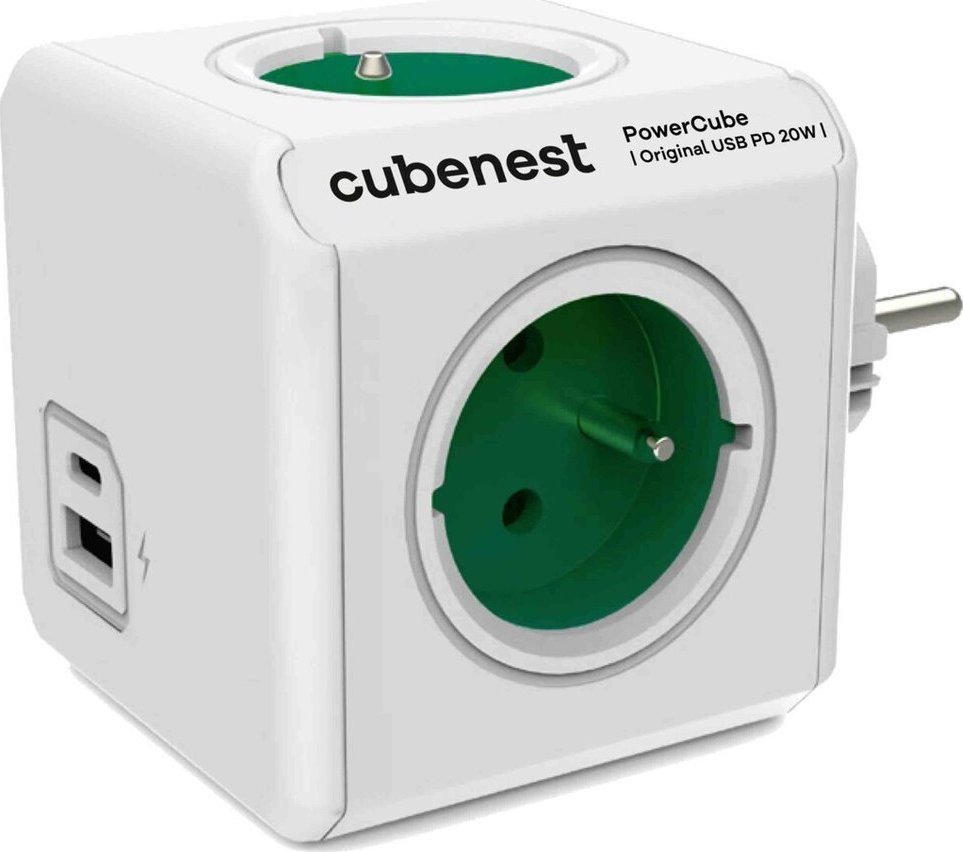 Cubenest PowerCube Original USB A+C PD 20W bílo-zelená Zásuvka, napájecí, vnitřní, 4× zásuvka, 16A, 3680W, 1× USB, 1× USB-C, PD 3.0, 20W, dětská pojistka, bílo-zelená PC220GN