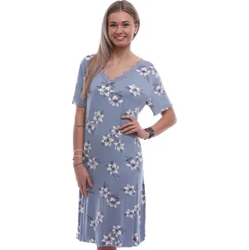 Dámské noční prádlo Modrošedá luxusní hedvábně jemná noční košilka s krajkou a šedé květy lilie 1D1581 modrá 4xl