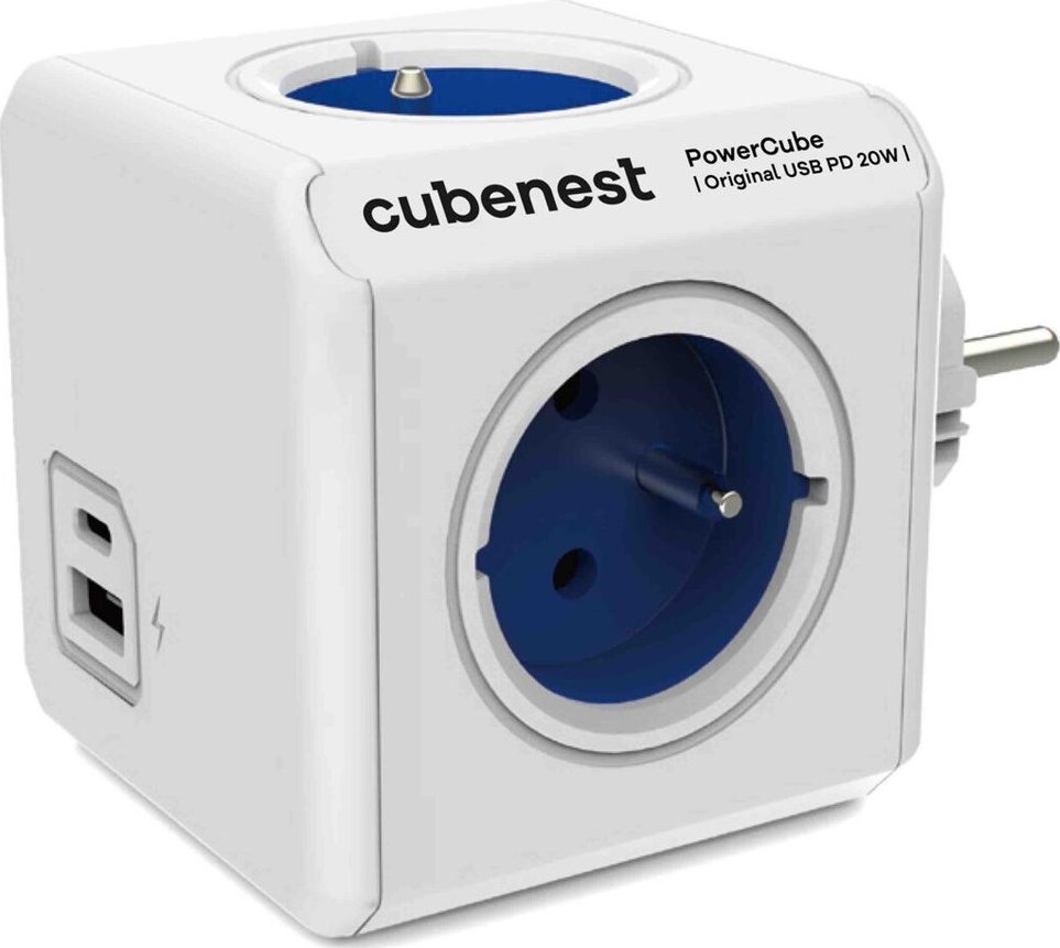 Cubenest PowerCube Original USB A+C PD 20W bílo-modrá Zásuvka, napájecí, vnitřní, 4× zásuvka, 16A, 3680W, 1× USB, 1× USB-C, PD 3.0, 20W, dětská pojistka, bílo-modrá PC220BL