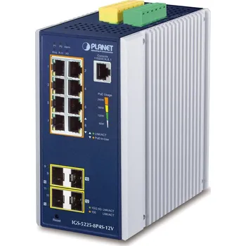Switch PLANET IGS-5225-8P4S-12V Switch, průmyslový, 8x RJ-45, 2x 1G SFP, 2x 2.5G SFP, VLAN, ERPS Ring, ESD, ONVIF, IPv4/IPv6, PoE, -40 až +75°C, DC12-54V, IP30, DIN, fanless IGS-5225-8P4S-12V