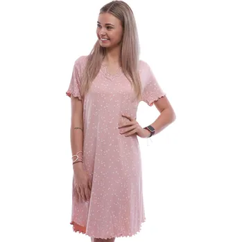 Dámská noční košile Růžová luxusní hedvábně jemná noční košilka s krátkými rukávy vzor bíle drobné kvítí 1D1546 růžová 2xl