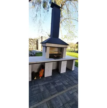 Víceúčelový zahradní krb s udírnou a odkládací plochou na obou stranách v provedení MAXI - Výška podstavce 52 cm / 70 cm / Vlevo / Bílá