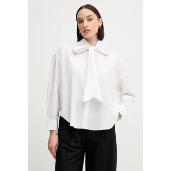 Dámská košile Bavlněná košile Tommy Hilfiger dámská, bílá barva, relaxed, s vázaným výstřihem, WW0WW44722 00X, vel. 36