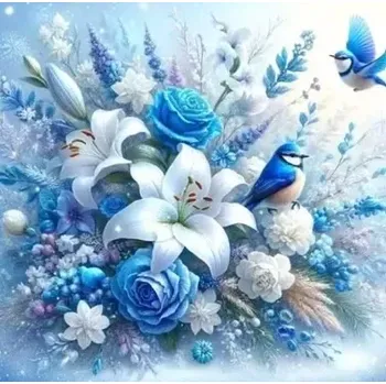 Diamantové malování Diamantové malování/Homfun - Modro-bílá květina + třpytivé kamínky (40x40)