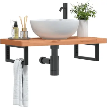 Koupelnový nábytek Deska pod umyvadlo nástěnná ocel a masivní bukové dřevo Hnědá3302373