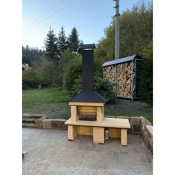 Víceúčelový zahradní krb s udírnou provedení KOMBI - odkládací plocha na pravé straně - Výška podstavce 52 cm / Vlevo / Individuální požadavek / Bílá