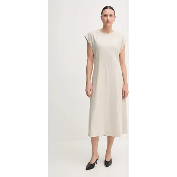 Dámské šaty Lněné šaty Calvin Klein béžová barva, midi, LV044B041G 01X, vel. M