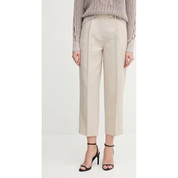 Dámské kalhoty Kalhoty s příměsí lnu Tommy Hilfiger dámské, béžová barva, high waist, WW0WW45461 80X, vel. 36