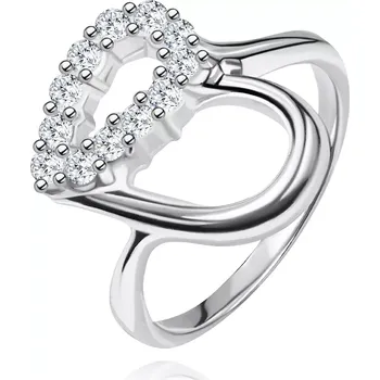 Prsten Stříbrný prsten 925 - kontura srdce, čirá zirkonová polovina - Velikost: 52