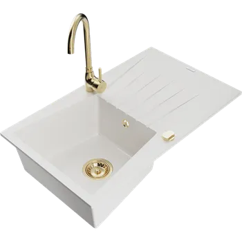 Granitový dřez Mexen Cesar granitový dřez 1-komorový s odkapávačem a kuchyňskou baterií Telma, bílý - 6514-20-670200-50 Granitové dřezy s baterií