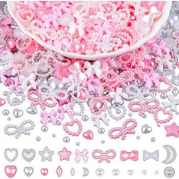 Obraz 3D mašličky na nehty, bižuterie, 20 kusů, růžovo-bílé