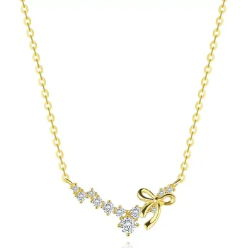 Náhrdelník Zlatý náhrdelník 585 - oblouk z čirých zirkonů s lesklou uvázanou mašličkou