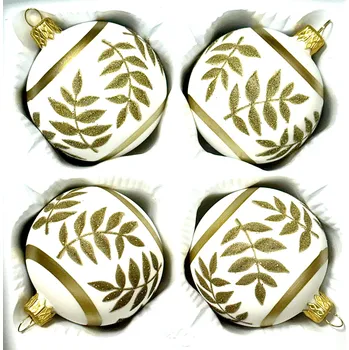 Vánoční ozdoba Irisa Skleněná vánoční koule Ø 7 cm – bílá se zlatými listy (sada 4 ks) Velikost: 7 cm, Balení: 4ks, Barva: bílá