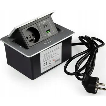 Elektrická zásuvka Výsuvná zásuvka do nábytku, zapuštěná do desky, 1x 230V, 2x USB, Modulbox STŘÍBRNÁ