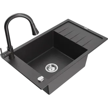 Granitový dřez Mexen Elias granitový dřez 1-komorový s odkapávačem a kuchyňskou baterií Elia, černý kropenatý - 6511-76-670101-76 Granitové dřezy s baterií