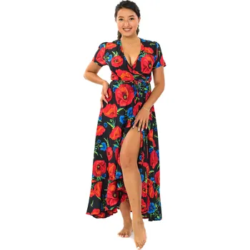 Dámské šaty Himalife Zavinovací šaty s volány Vlčí mák - černá s červenou Velikost: 4XL - Móda pro plnoštíhlé, Oblečení nadměrné velikosti