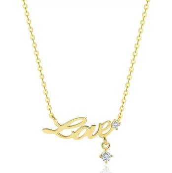 Náhrdelník Zlatý 14K náhrdelník - lesklý řetízek, nápis Love a dva čiré zirkony
