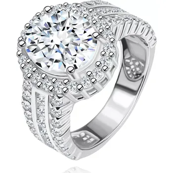 Prsten Prsten ze stříbra 925 - zásnubní, širší zirkonová ramena, velký oválný zirkon - Velikost: 66