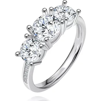 Prsten Prsten z 925 stříbra - tři třpytivé čiré zirkony, úzká lesklá ramena vykládaná zirkony - Velikost: 64