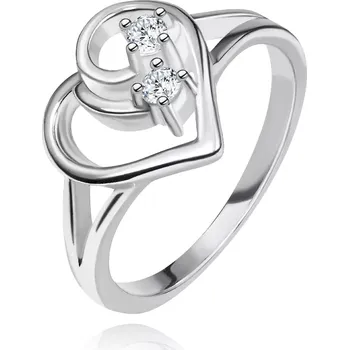 Prsten Prsten ze stříbra 925, rozdvojená ramena, obrys srdce, čiré kamínky - Velikost: 57